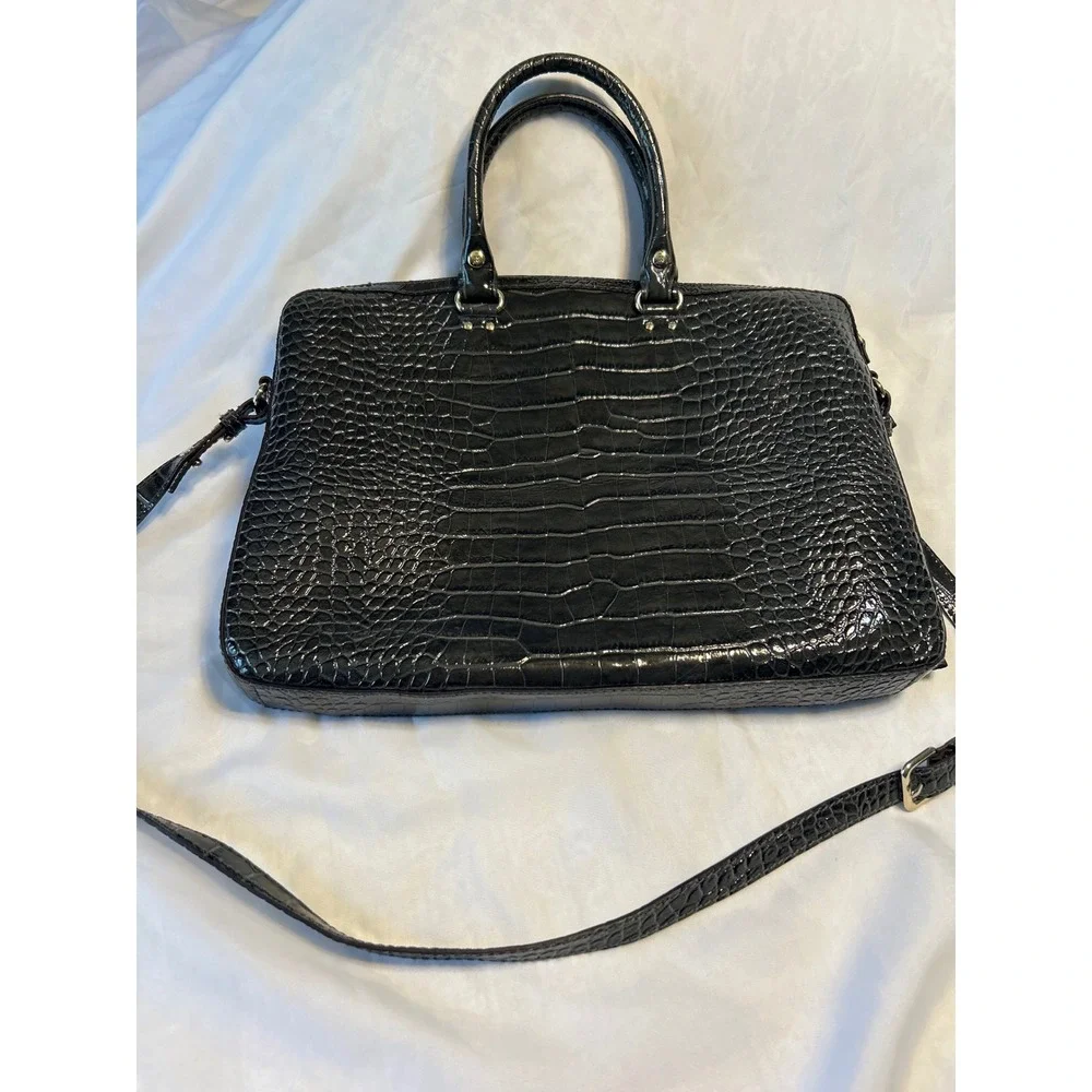 KATE SPADE NY Charcoal Croco Embossed Patent Leather Padded Laptop Tote Bag NWOT